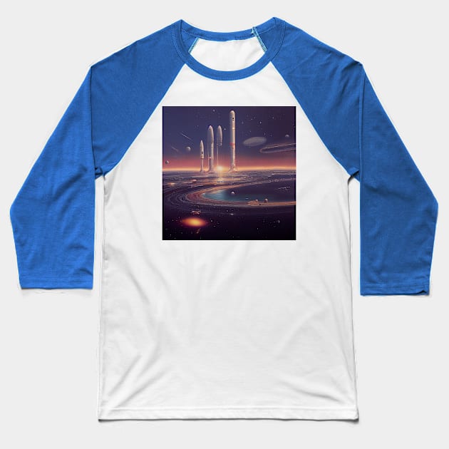 Interplanetary Spaceport Baseball T-Shirt by Grassroots Green